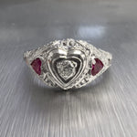 18k White Gold 0.12ct Old Mine Diamond Heart Shape Ruby Ring G VS2 size 5.75