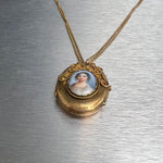 Antique Victorian 14k Yellow Gold Painted Porcelain Cameo Locket Necklace 28"