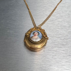 Antique Victorian 14k Yellow Gold Painted Porcelain Cameo Locket Necklace 28"