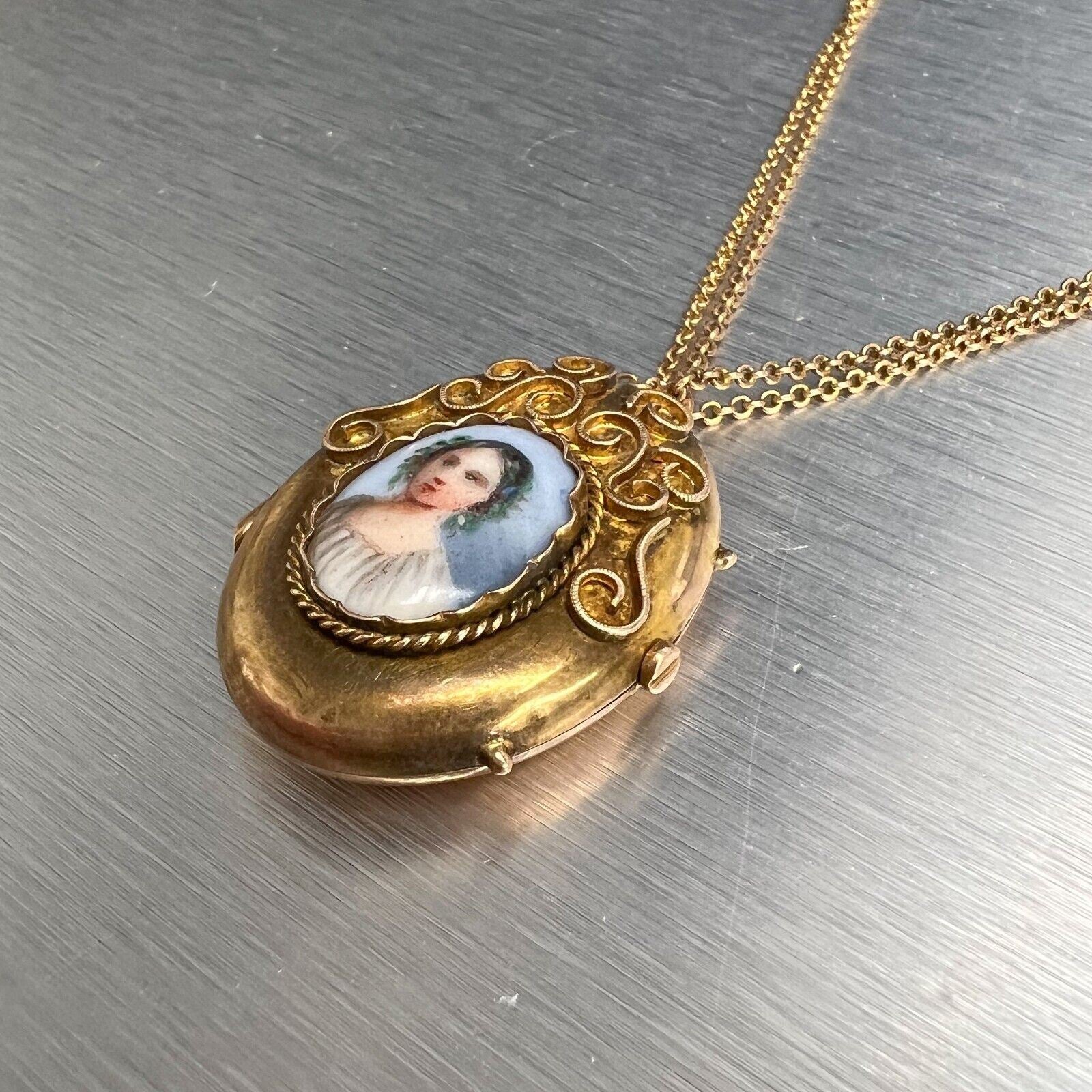 Antique Victorian 14k Yellow Gold Painted Porcelain Cameo Locket Necklace 28"