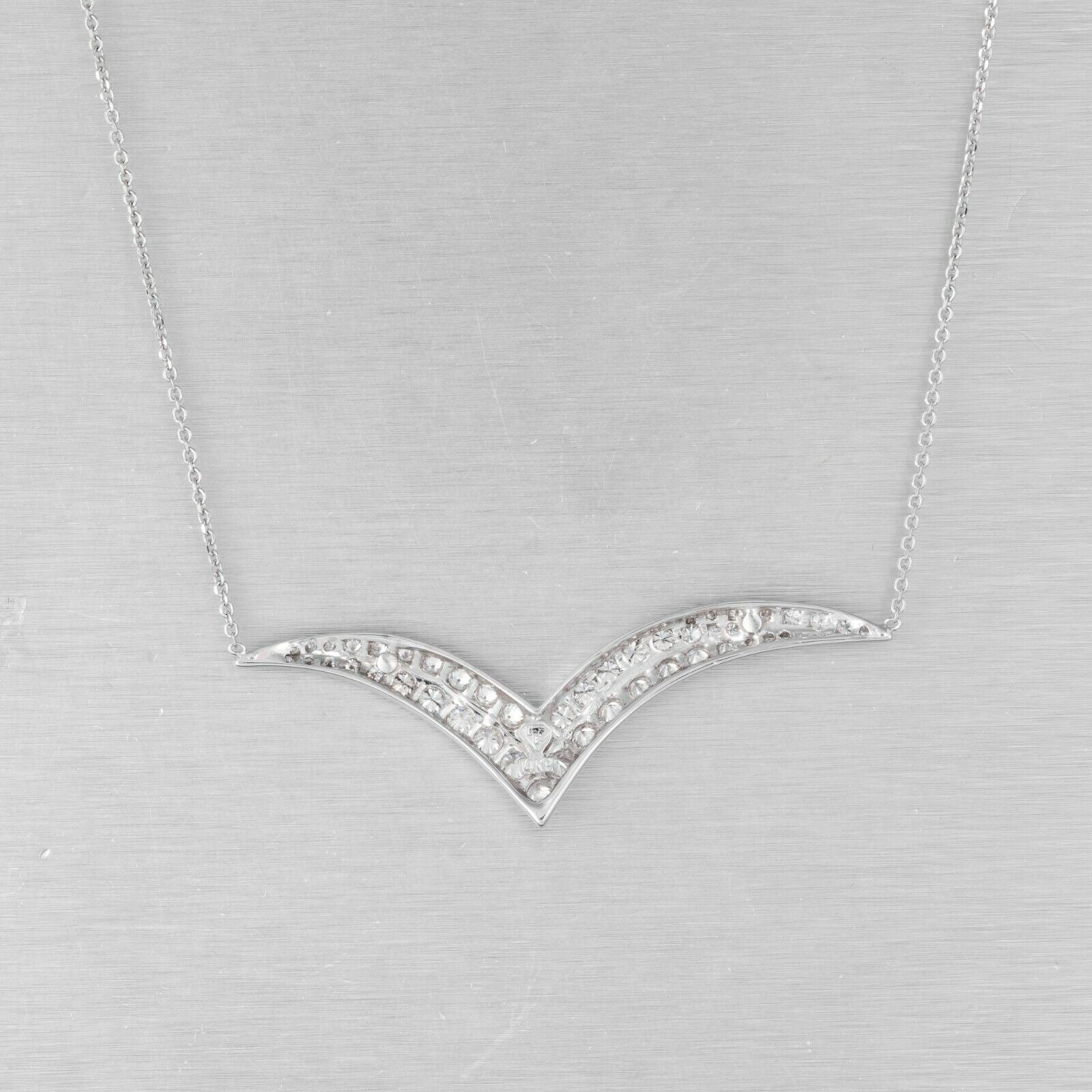 Estate 14k White Gold Diamond Chevron Pendant Necklace 17.5" 1.03ctw VINTAGE