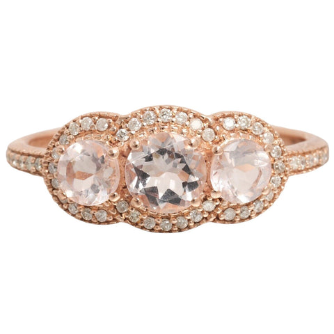 14k Rose Gold Three Stone Kunzite & Diamond Halo Ring Size 6.75