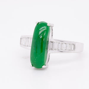 18k White Gold Oblong Oval Emerald & Straight Baguette Ring 0.35ctw G VS2 3.3g