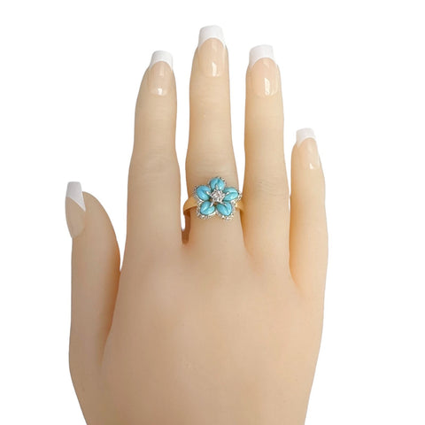 14k Yellow & White Gold Flower Turquoise Cubic Zirconia Cocktail Ring Size 9