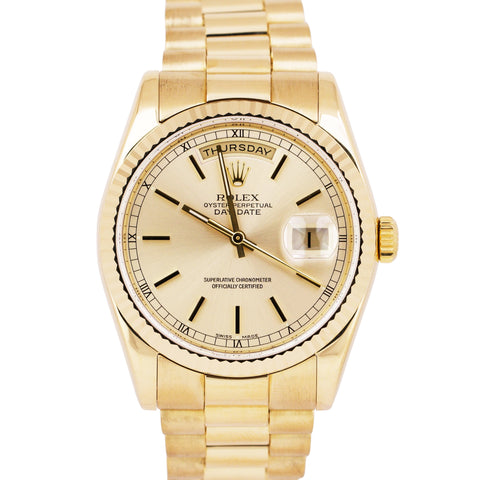 Rolex Day-Date President FAT BUCKLE Silver 18K Yellow Gold 36mm 118238 Watch