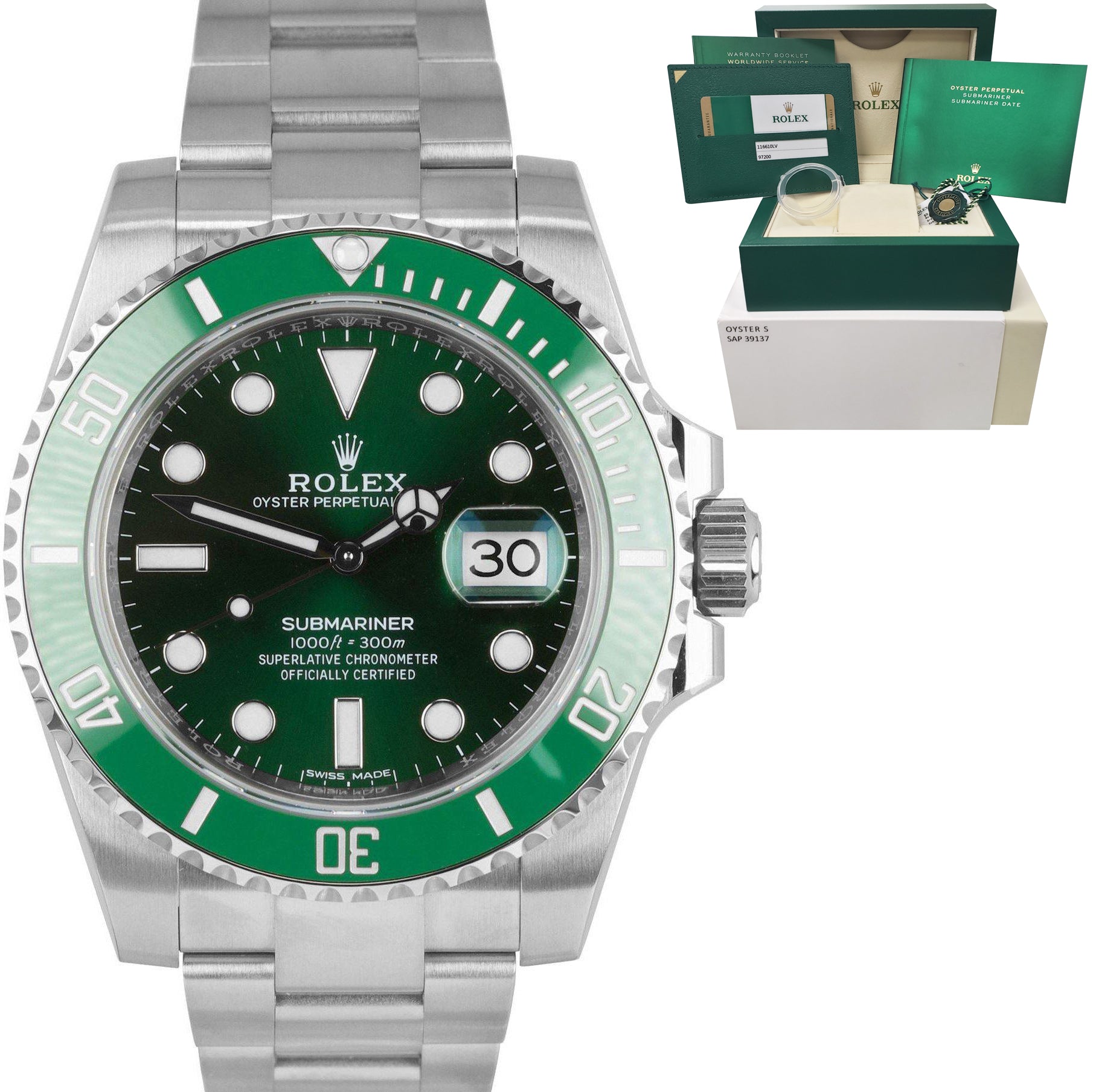 Rolex Steel Submariner Date Watch - The Hulk - Green Dial 116610