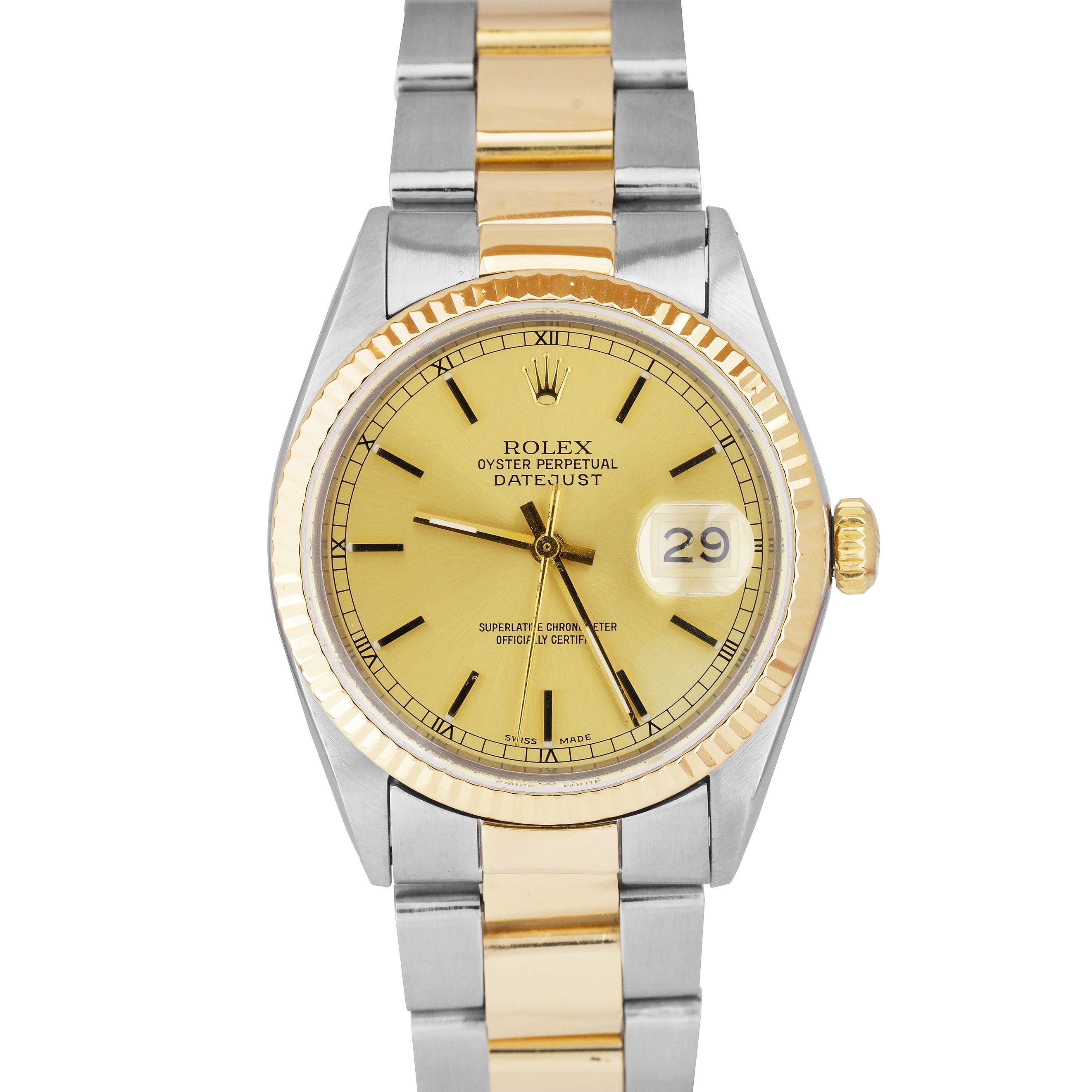 Rolex DateJust 36mm Two-Tone Yellow Gold Stainless Champagne Oyster Watch 16013