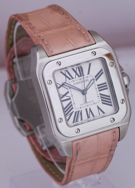 Cartier Santos 100 Midsize Automatic PINK Stainless Leather Watch 2878