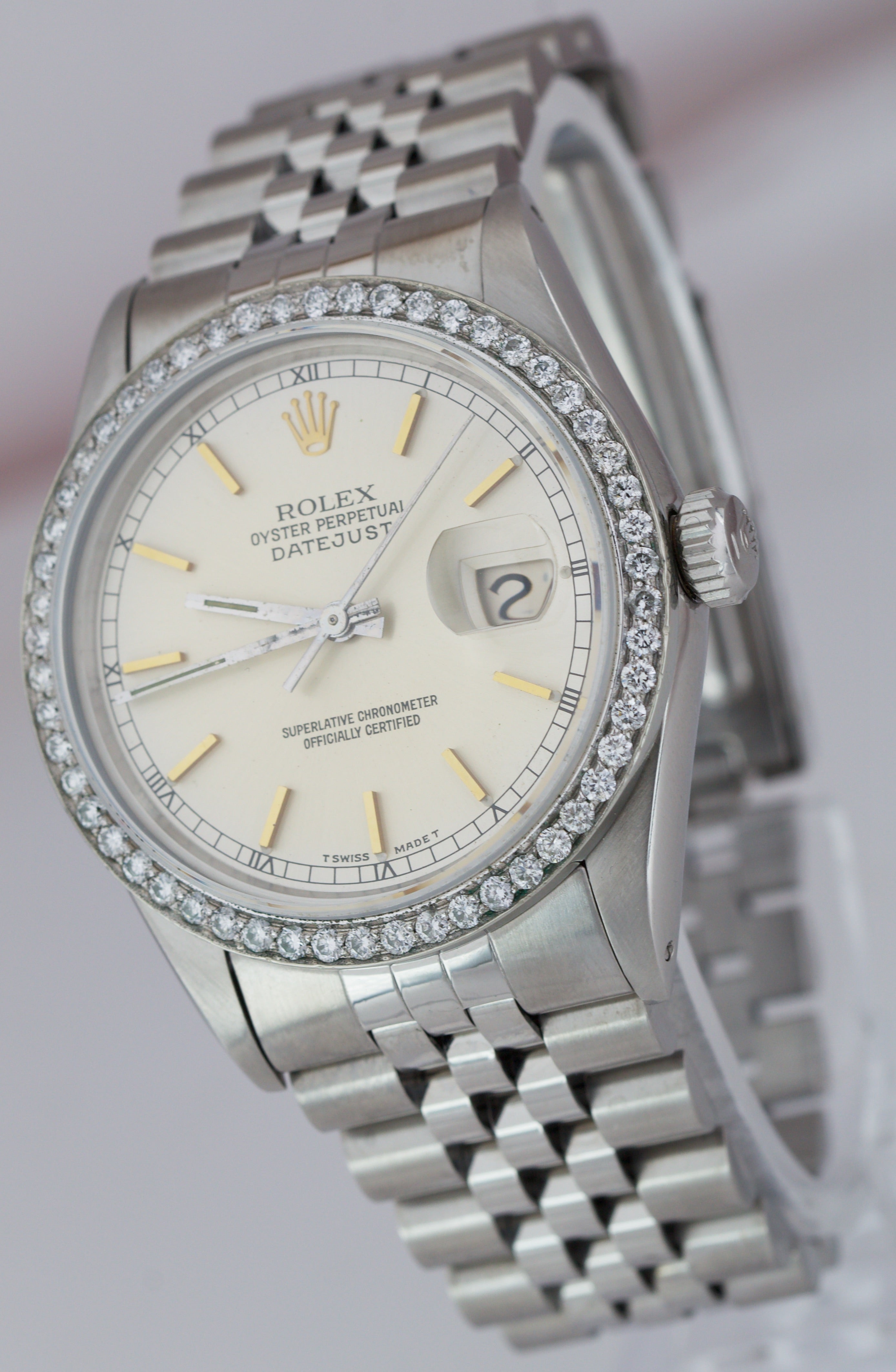 Rolex DateJust 36mm Stainless Steel DIAMOND BEZEL Silver Jubilee Watch 16014