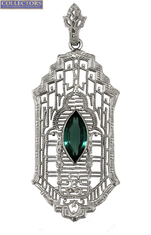 Antique Art Deco 14K White Gold 0.27ct Green Topaz Gemstone Filigree Pendant