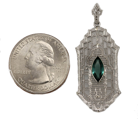 Antique Art Deco 14K White Gold 0.27ct Green Topaz Gemstone Filigree Pendant