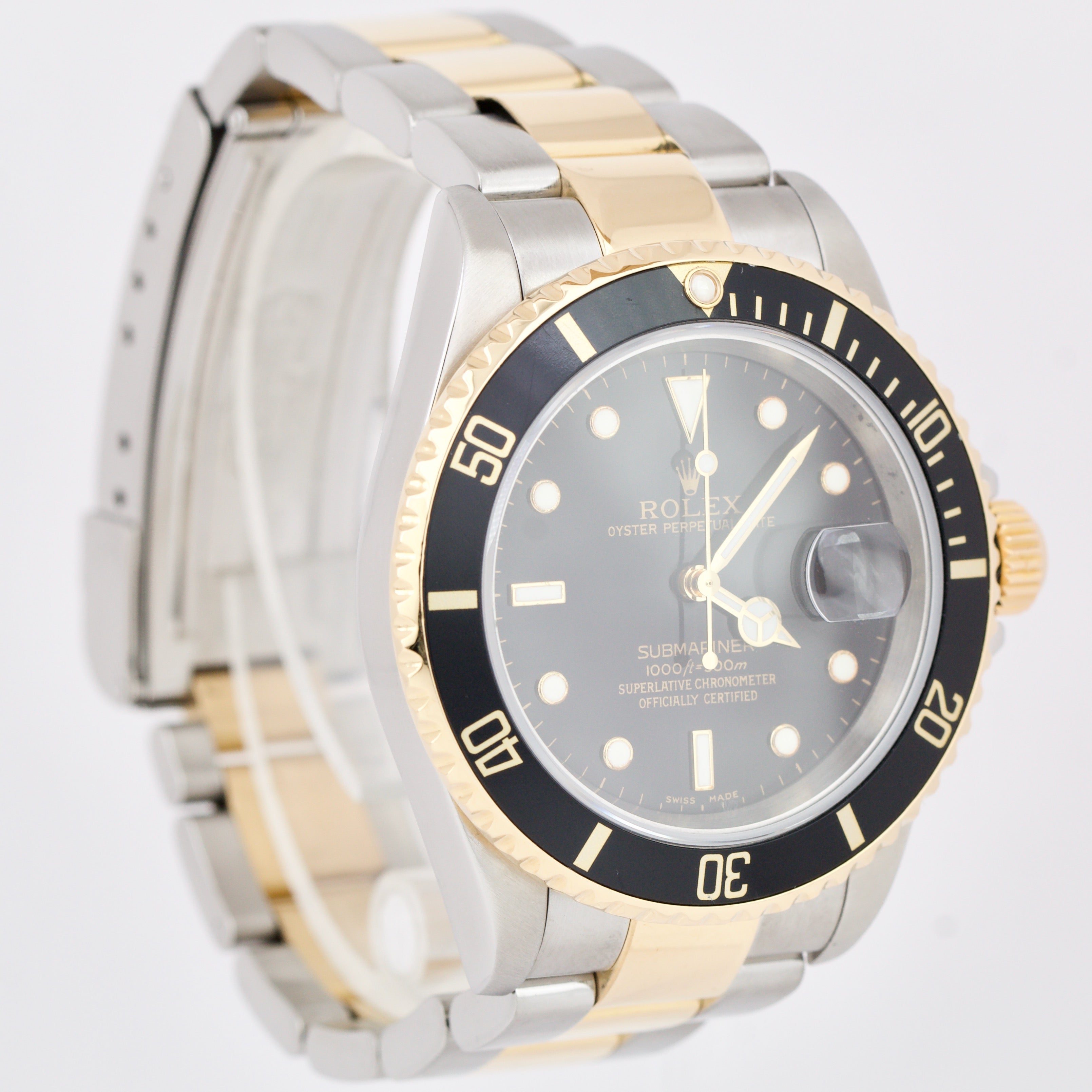 Rolex Submariner Black Two-Tone NO HOLES CASE 18K Yellow Gold 16613 40mm B+P