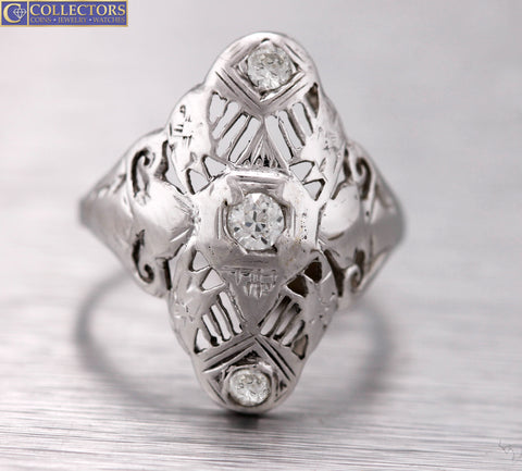 Ladies Antique Art Deco 14K White Gold 0.18ctw Diamond Filigree Cocktail Ring