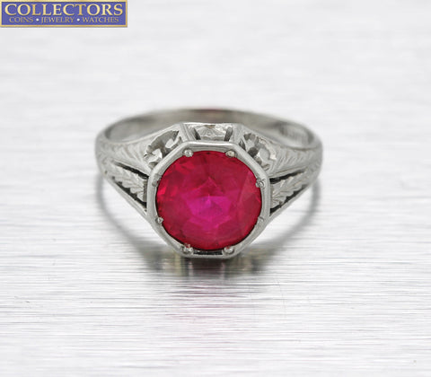 Antique Art Deco 18K White Gold Pink Gemstone Glass Filigree Cocktail Ring