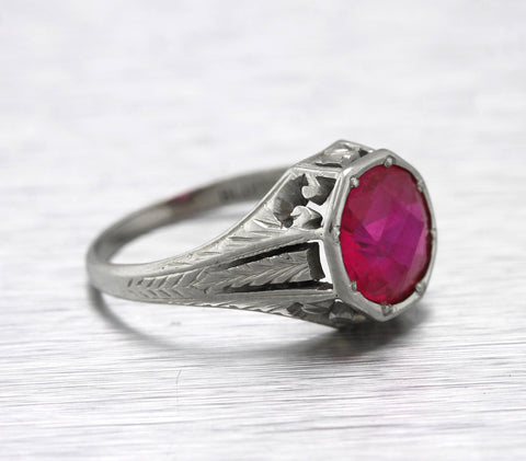 Antique Art Deco 18K White Gold Pink Gemstone Glass Filigree Cocktail Ring