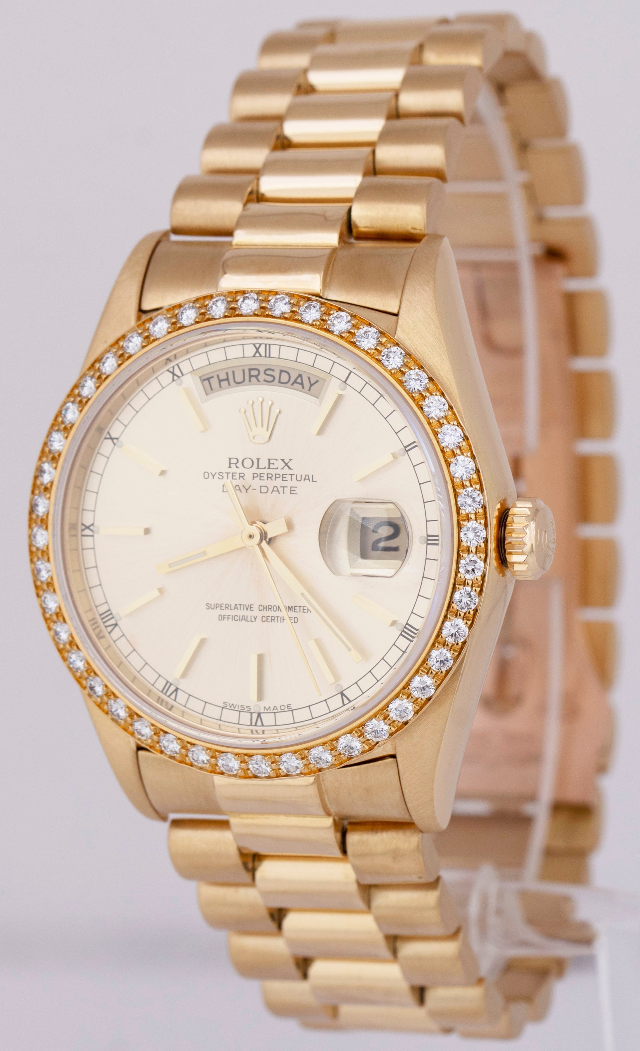 Rolex Day-Date President 36mm Silver FACTORY DIAMOND 18K Yellow Gold Watch 18048