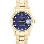 Rolex Date 15037 14K Yellow Gold 34mm BLUE DIAMOND Dial Fluted Oyster Watch