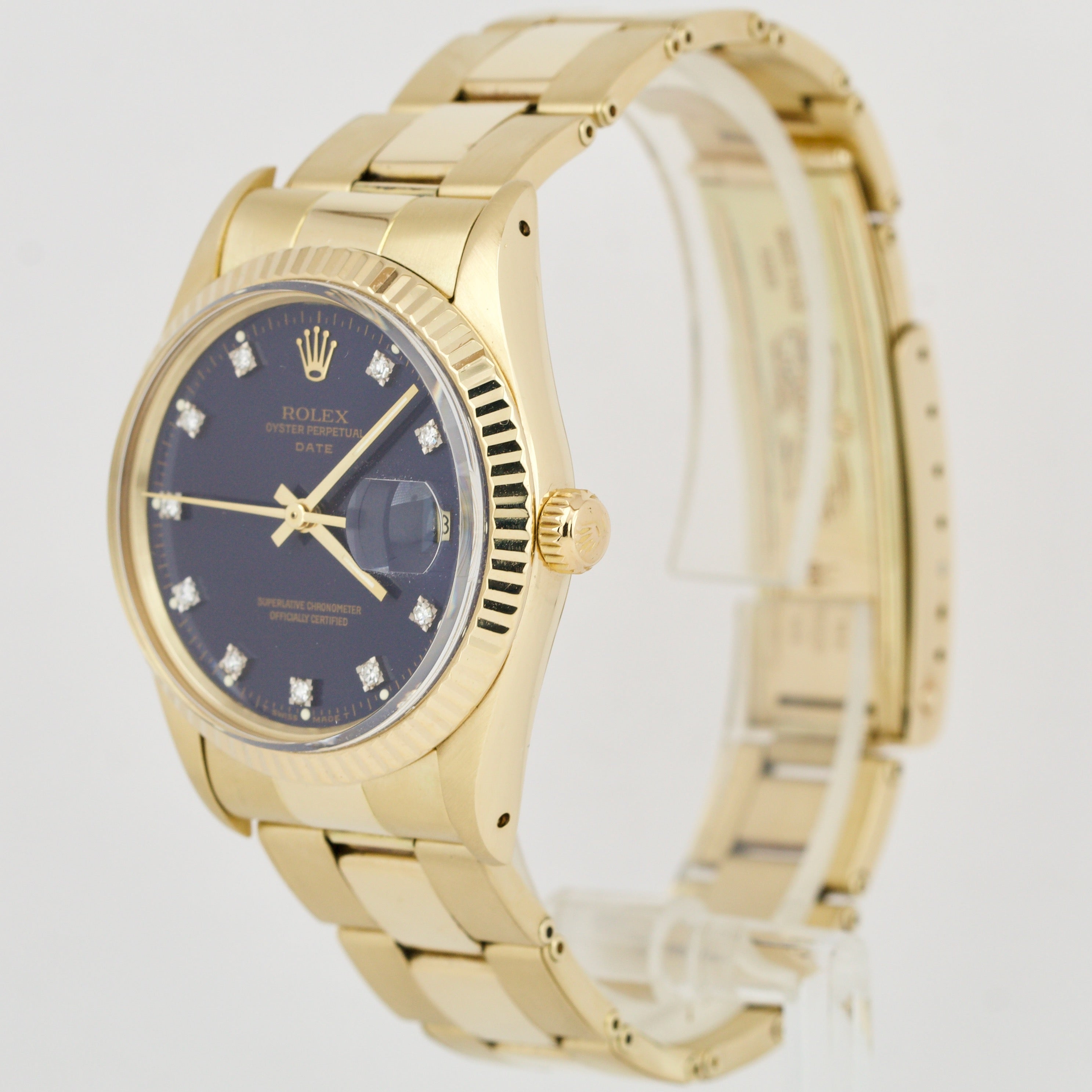 Rolex Date 15037 14K Yellow Gold 34mm BLUE DIAMOND Dial Fluted Oyster Watch