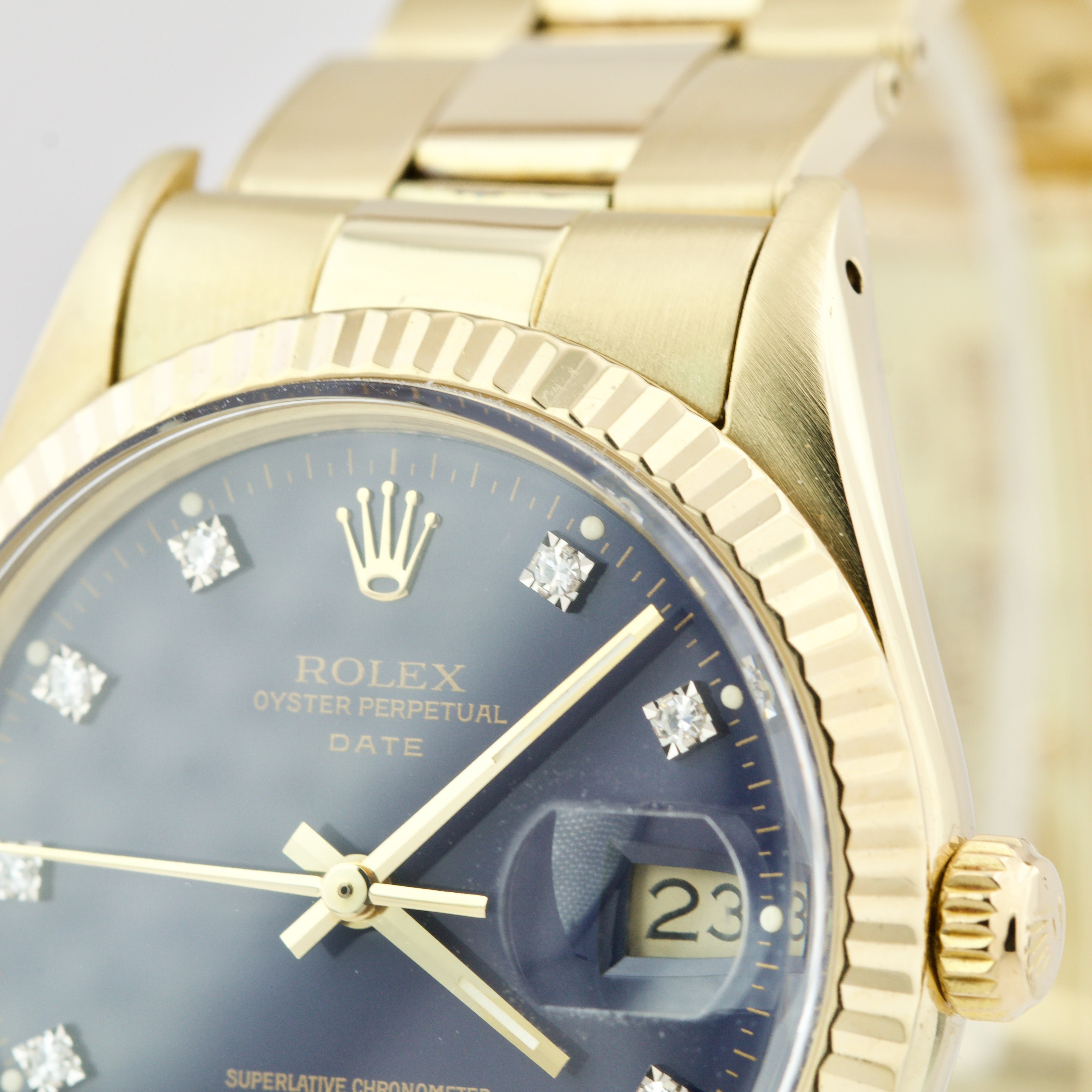Rolex Date 15037 14K Yellow Gold 34mm BLUE DIAMOND Dial Fluted Oyster Watch