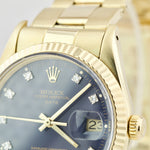 Rolex Date 15037 14K Yellow Gold 34mm BLUE DIAMOND Dial Fluted Oyster Watch