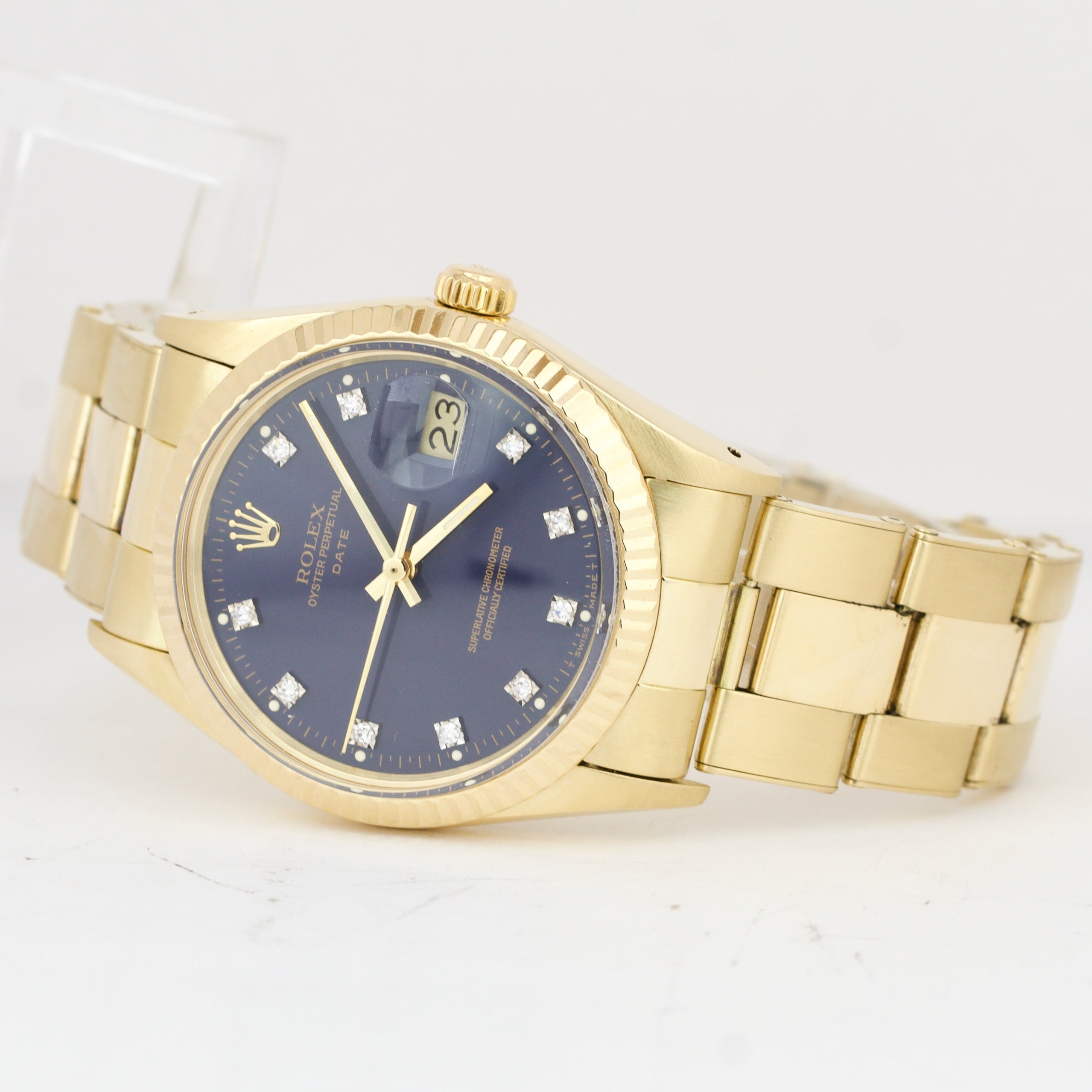 Rolex Date 15037 14K Yellow Gold 34mm BLUE DIAMOND Dial Fluted Oyster Watch