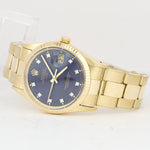 Rolex Date 15037 14K Yellow Gold 34mm BLUE DIAMOND Dial Fluted Oyster Watch