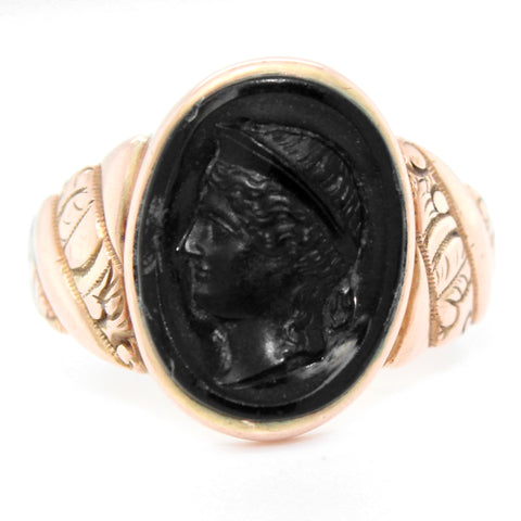 Art Nouveau Roman Soldier Onyx Cameo Signet Ring in 14k Rose Gold | Size 9.50