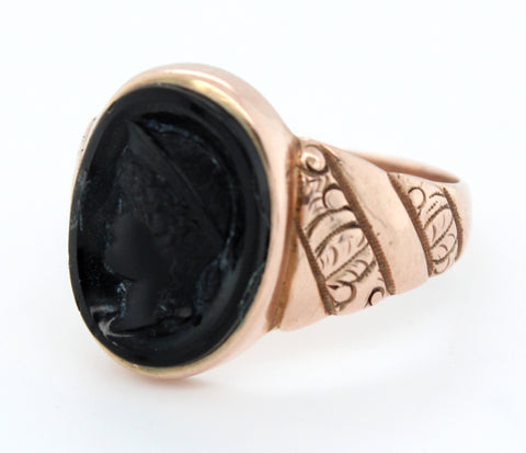 Art Nouveau Roman Soldier Onyx Cameo Signet Ring in 14k Rose Gold | Size 9.50