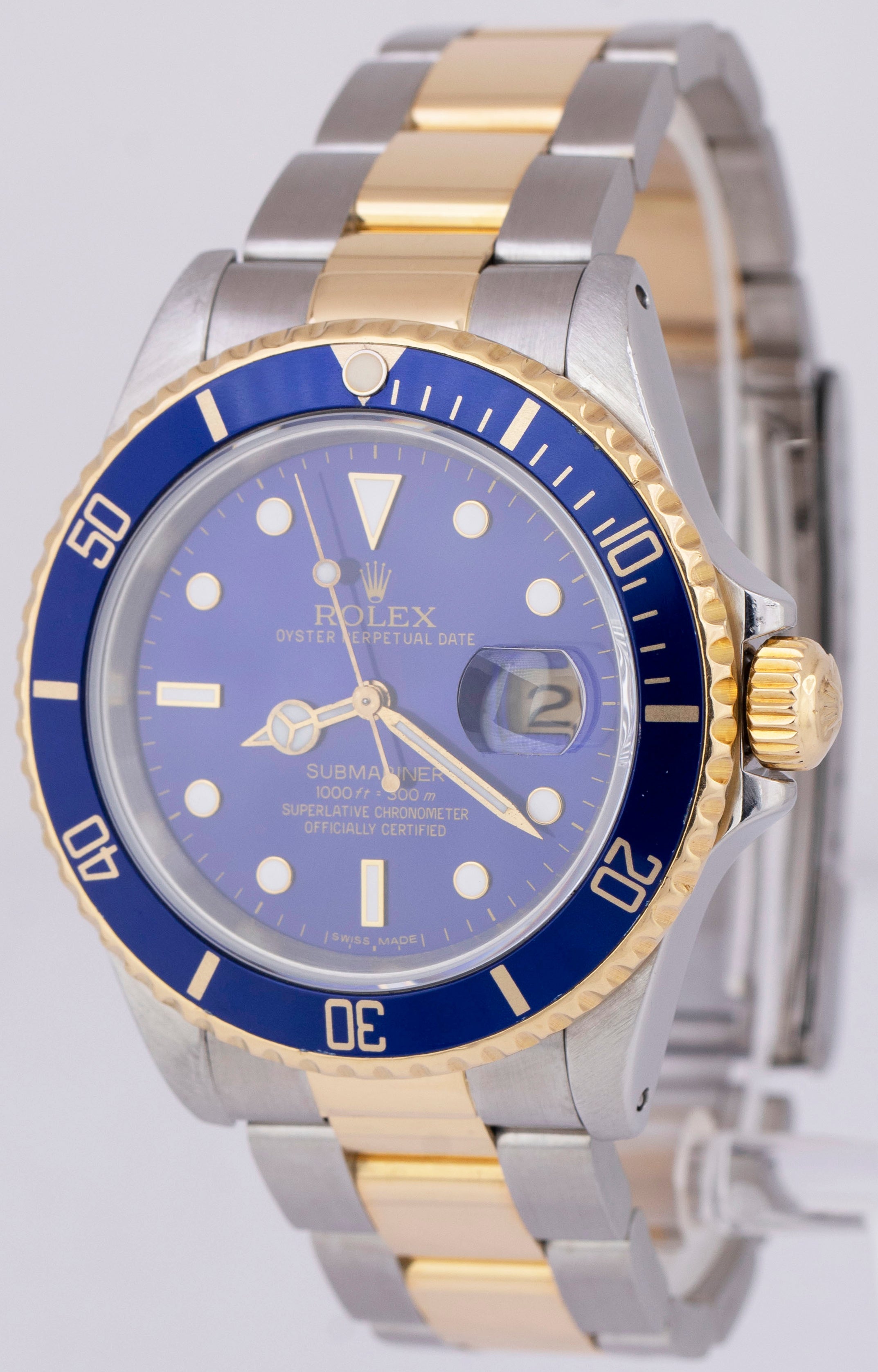 Rolex Submariner Date 40mm Blue Two-Tone 18K Yellow Gold Steel Watch 16613 LB