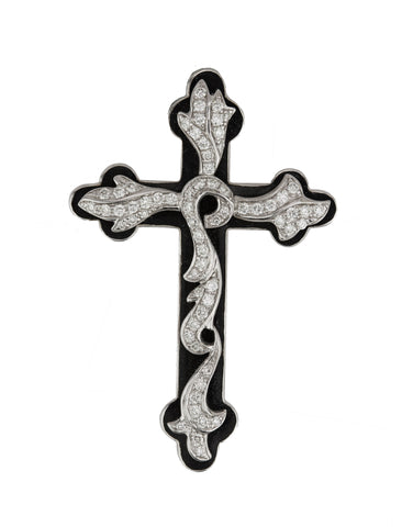 Women's Modern 14K White Gold Black Onyx 0.60ctw Diamond Filigree Cross Pendant