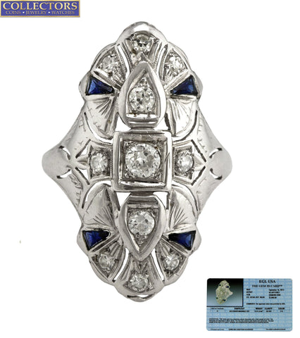 Antique Art Deco 18K White Gold 0.57ctw Diamond Blue Sapphire Filigree Ring EGL