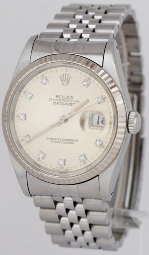 UNPOLISHED Rolex DateJust Silver Diamond Dial Stainless Steel 36mm Watch 16014