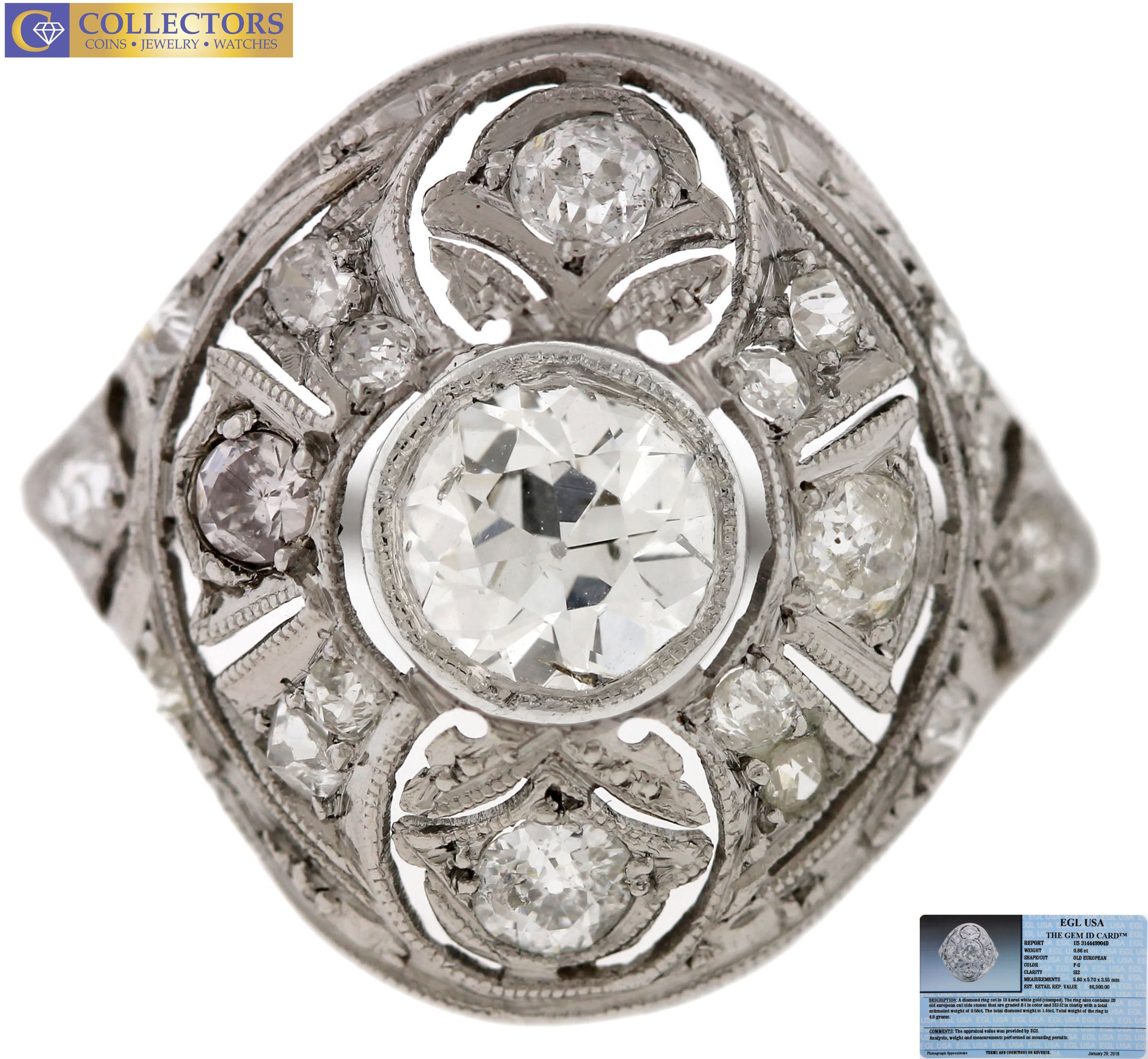 Art Deco 18k White Gold Old European Cut Diamond Solitaire Ring