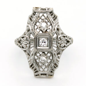 Antique Art Deco 0.20ctw Diamond Filigree Cocktail Ring in 18k White Gold