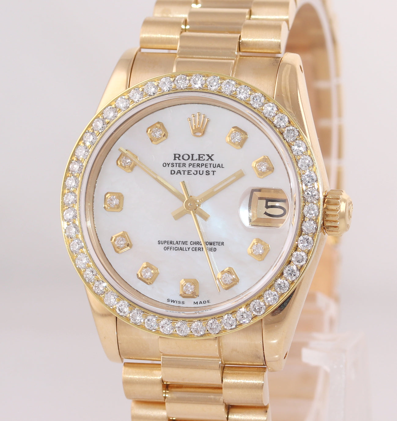 DIAMOND BEZEL Rolex President 68278 Midsize 31mm 18k Gold MOP Diamond Watch