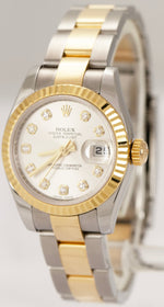 Ladies Rolex DateJust PAPERS Silver Diamond Dial Two-Tone 26mm Watch 179173 B+P