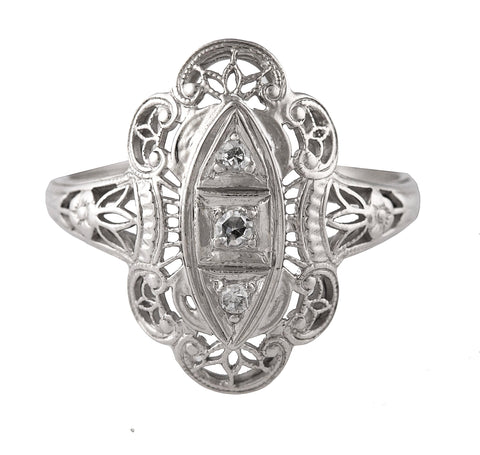 Ladies Antique Art Deco 14K White Gold 0.08ctw Diamond Filigree Floral Ring