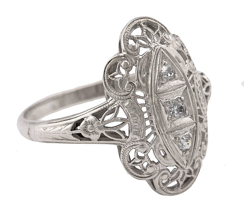 Ladies Antique Art Deco 14K White Gold 0.08ctw Diamond Filigree Floral Ring