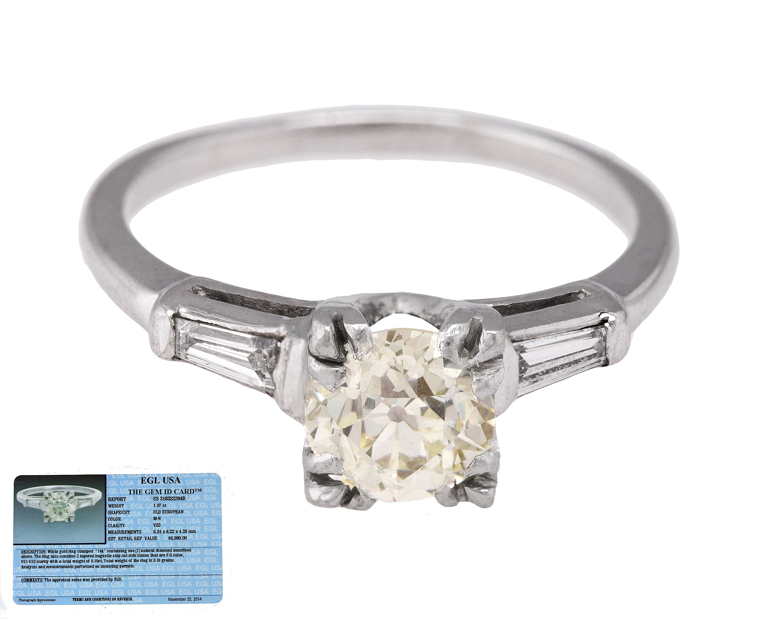 Ladies Modern 14K White Gold 1.07CT M-N Old European Diamond Engagement Ring EGL