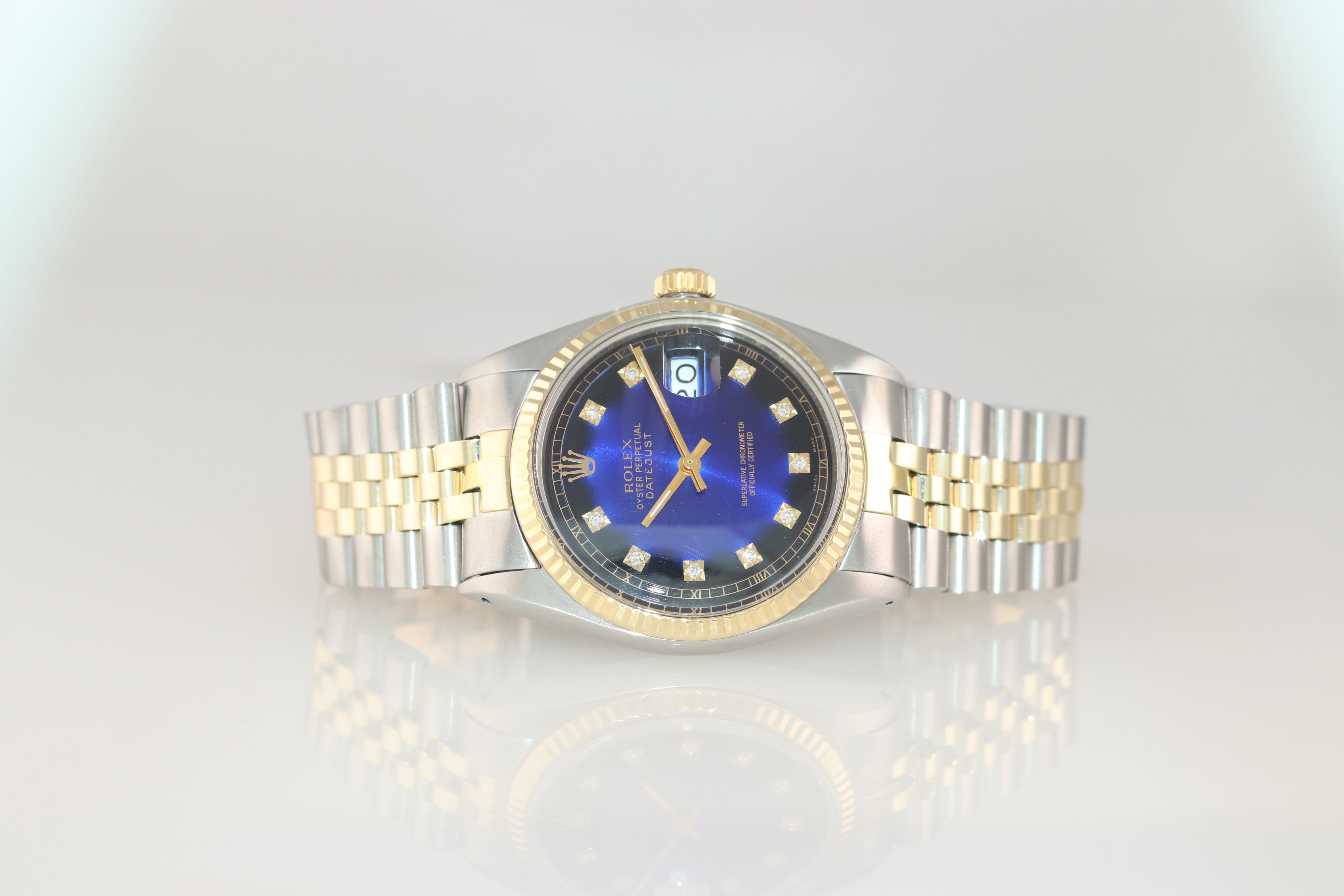 Rolex DateJust 36mm 1601 Two Tone Vignette Blue Black Diamond Dial Jubilee Watch