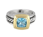 David Yurman 18k Yellow Gold & Sterling Silver Cushion Cut Blue Topaz Cable Ring