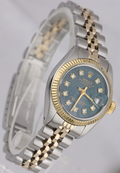 ROLEX LADY DATEJUST 18KY GOLD & STEEL GREEN DIAMOND DIAL FLUTED 26MM WATCH