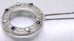 Art Deco Diamond & Sapphire Circle Pendant - Platinum & 14k Gold - Necklace 22"