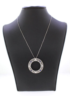 Art Deco Diamond & Sapphire Circle Pendant - Platinum & 14k Gold - Necklace 22"