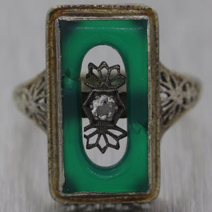 1930's Antique Art Deco 14k White Gold Green Onyx & Diamond Filigree Ring