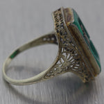 1930's Antique Art Deco 14k White Gold Green Onyx & Diamond Filigree Ring