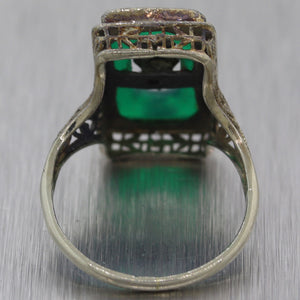 1930's Antique Art Deco 14k White Gold Green Onyx & Diamond Filigree Ring