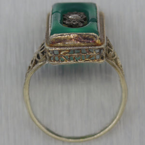 1930's Antique Art Deco 14k White Gold Green Onyx & Diamond Filigree Ring