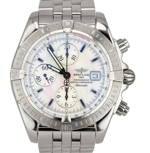 Breitling Chronomat Evolution 18K White Gold 44mm White MOP Date Watch J13356