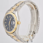Rolex Date 34mm BLUE Two-Tone Yellow Gold Steel Engine Turned Oyster Watch 15223